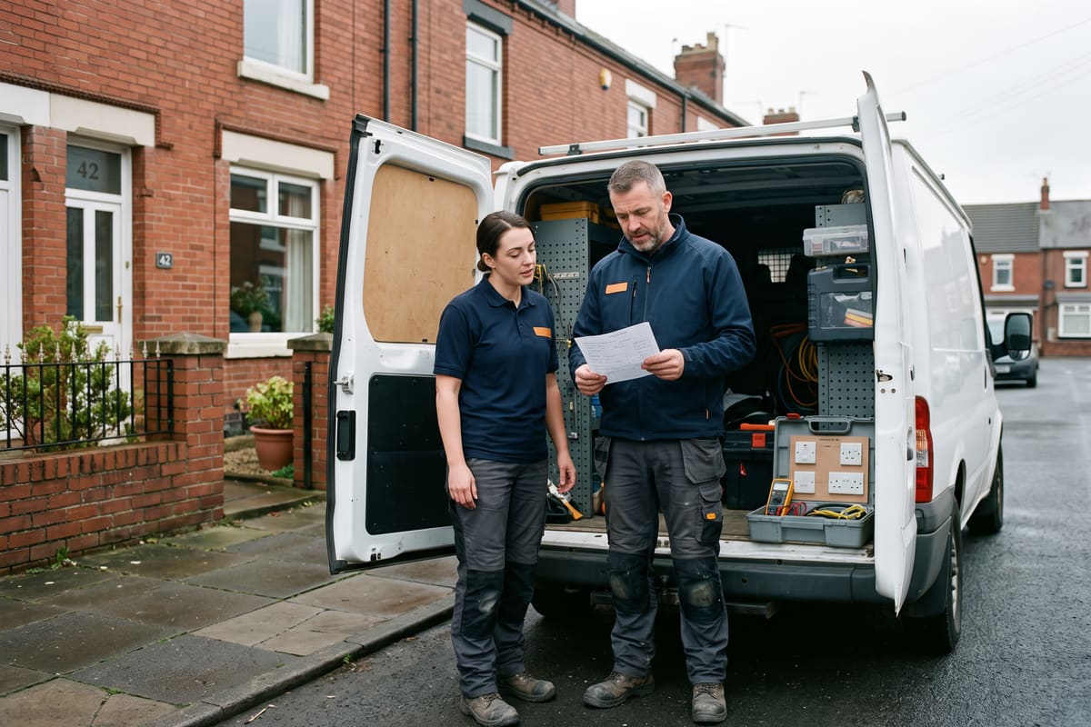 Two electricians review a job sheet at the open side door of a van fitted with shelving and storage cases, outside a red-brick terrace