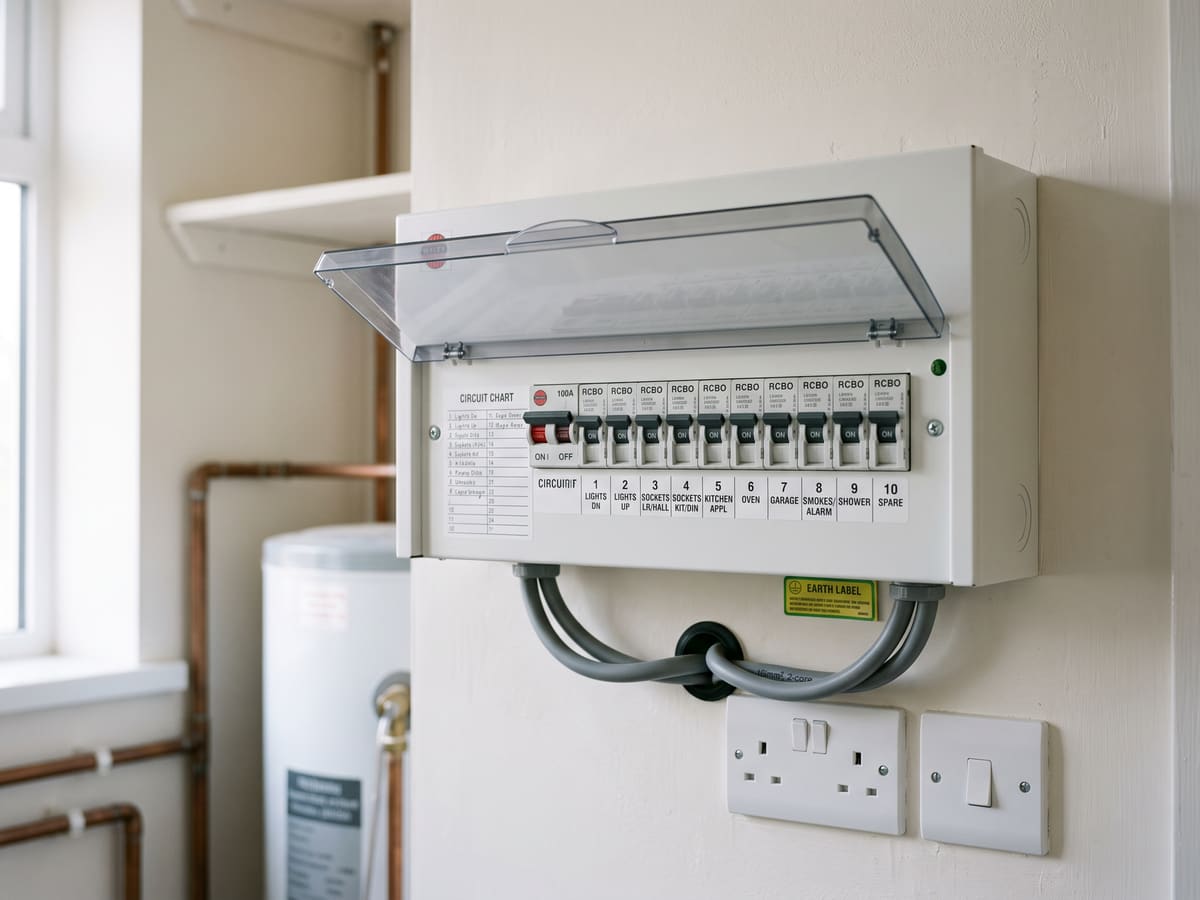 A newly installed white metal consumer unit with a row of labelled RCBO breakers behind a clear flap, grey meter tails entering neatly from below
