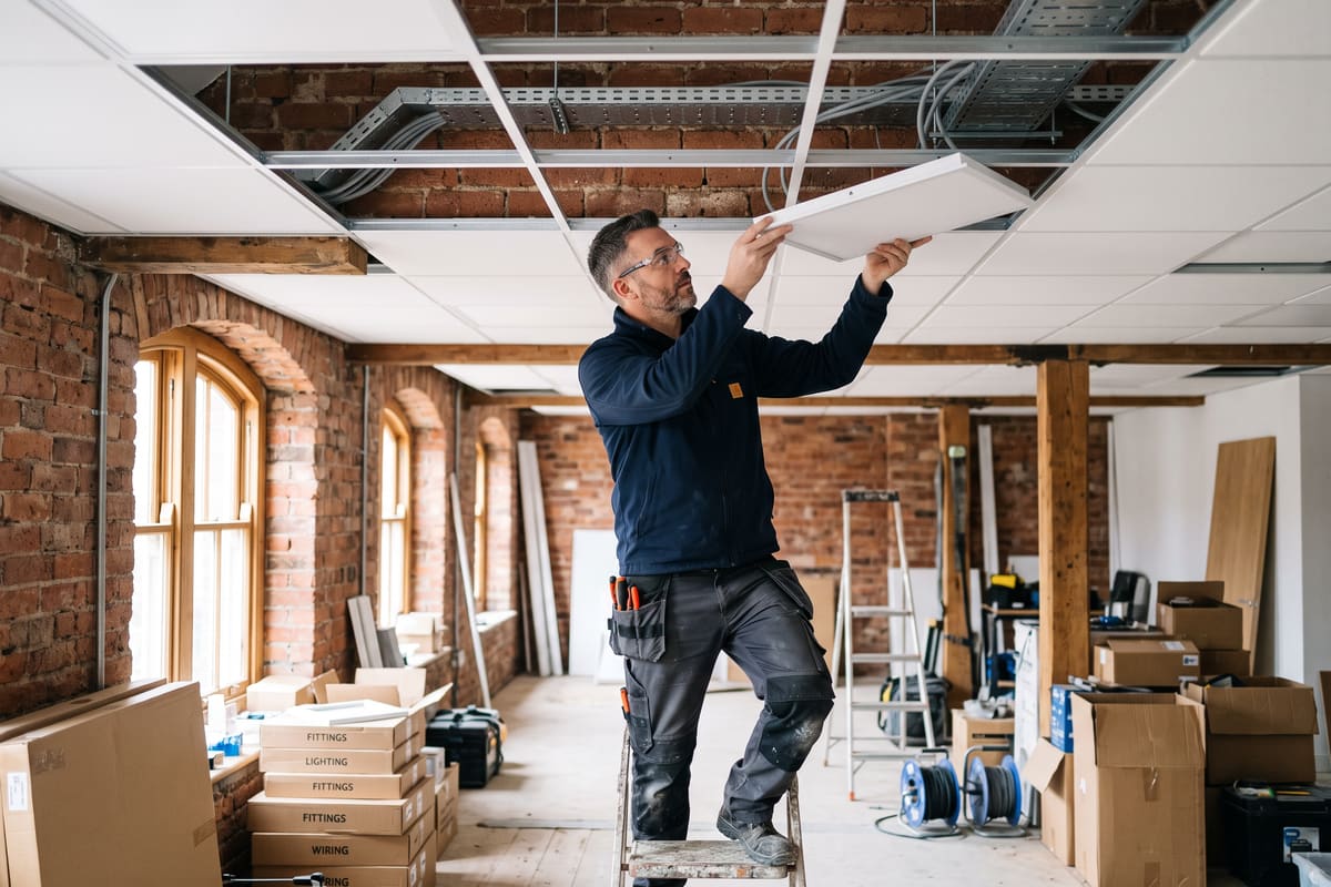 An electrician wearing safety glasses on a podium step fits an LED panel into a suspended ceiling in a brick-walled office fit-out, with cable tray visible above