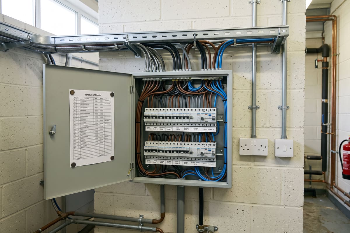 A three-phase distribution board in a plant room with its door open, showing neatly dressed cables and a typed circuit schedule, with cable tray above
