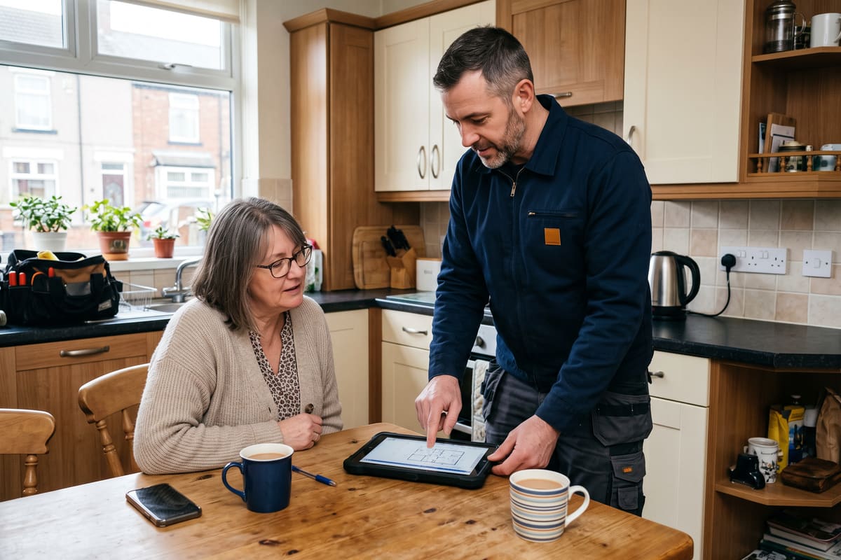 An electrician talks a homeowner through the planned work on a tablet at her kitchen table, with mugs of tea beside them
