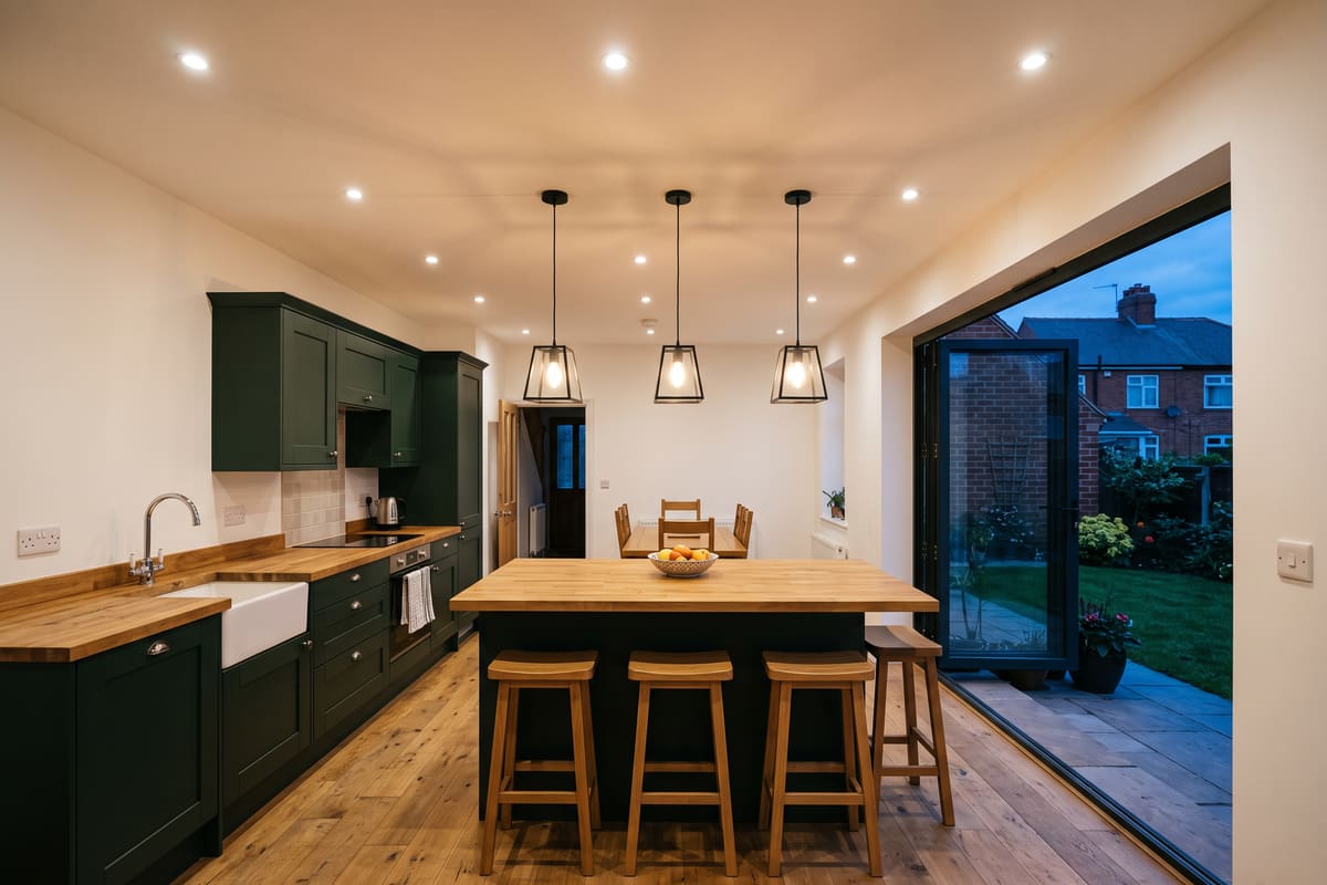A finished kitchen extension at dusk with a grid of recessed downlights, three pendants over an oak island and bifold doors open to the garden