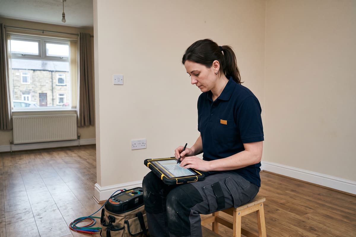 An electrician completes an electrical test schedule on a tablet in an empty rented flat, with a multifunction tester on the floor beside her