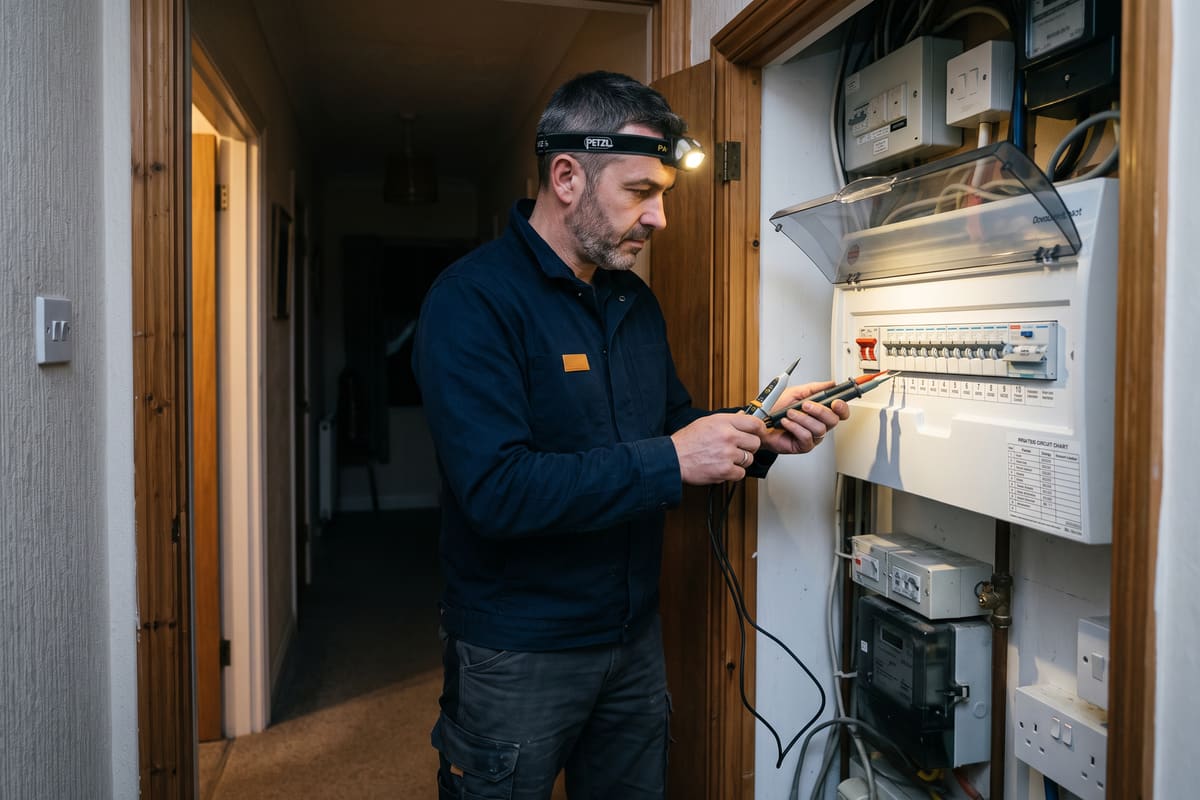 In a dim hallway, an electrician wearing a head torch checks a consumer unit with a voltage indicator during a power fault