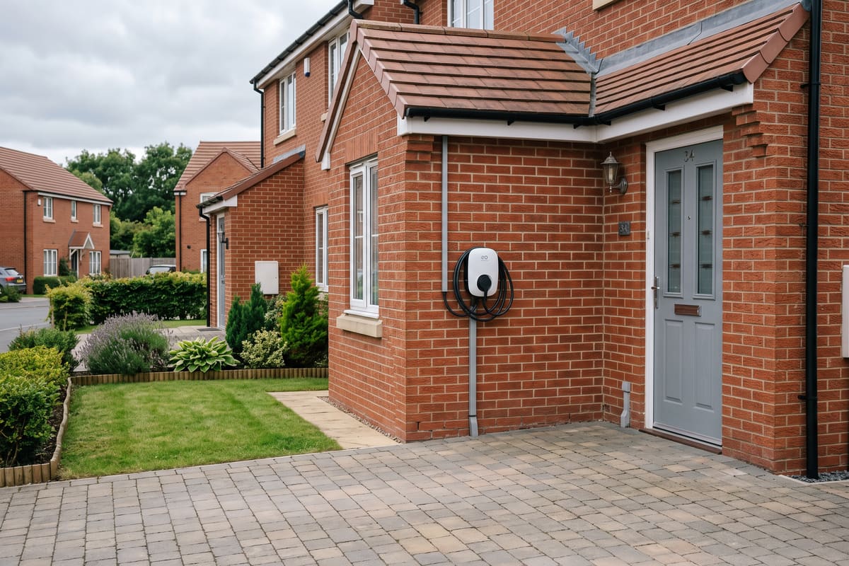 A wall-mounted EV charger beside the front door of a red-brick semi-detached house, its cable connected to a grey car on the driveway