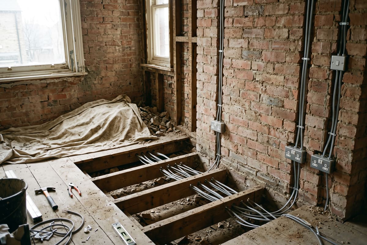 First fix during a rewire: grey cables clipped in straight runs down chased brick walls to metal back boxes, with floorboards lifted over the joists