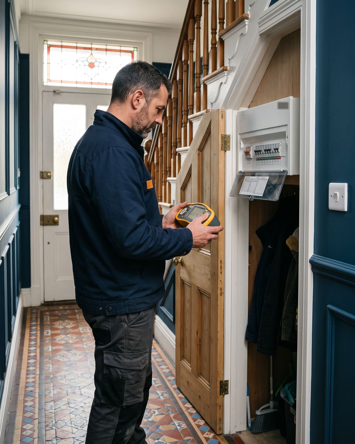An electrician in a navy work jacket reads a multifunction tester beside a newly fitted consumer unit in the understairs cupboard of a Victorian hallway with a tiled floor