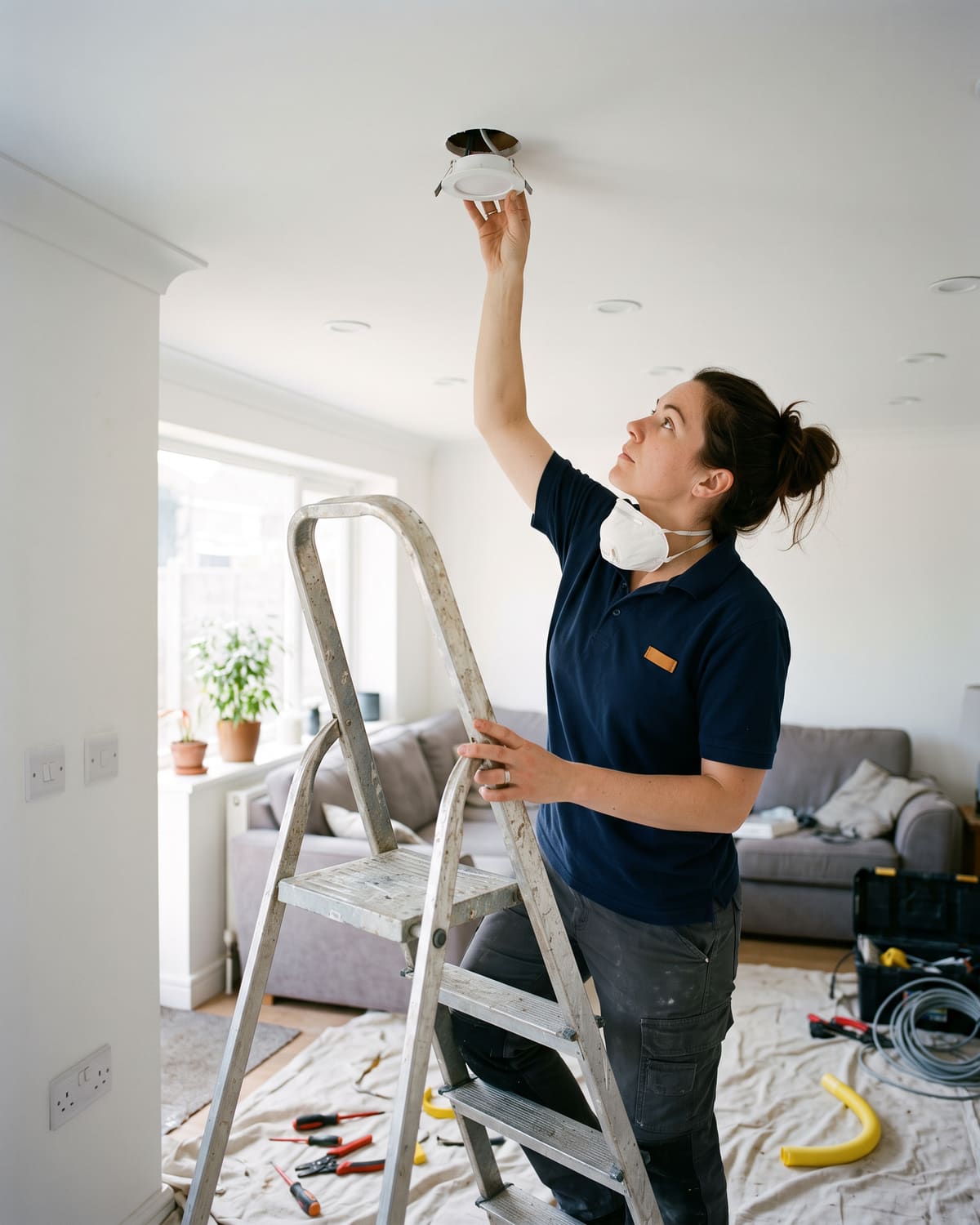 An electrician on a step ladder fits a slim recessed downlight into a plasterboard ceiling, with a line of downlights already installed