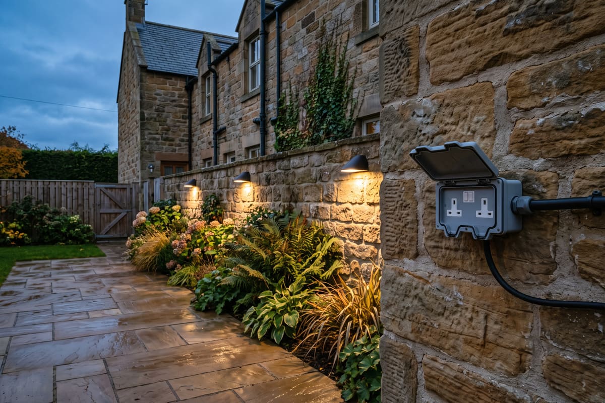 A weatherproof outdoor double socket on a sandstone garden wall at dusk, with low wall lights washing warm light across the patio and planting