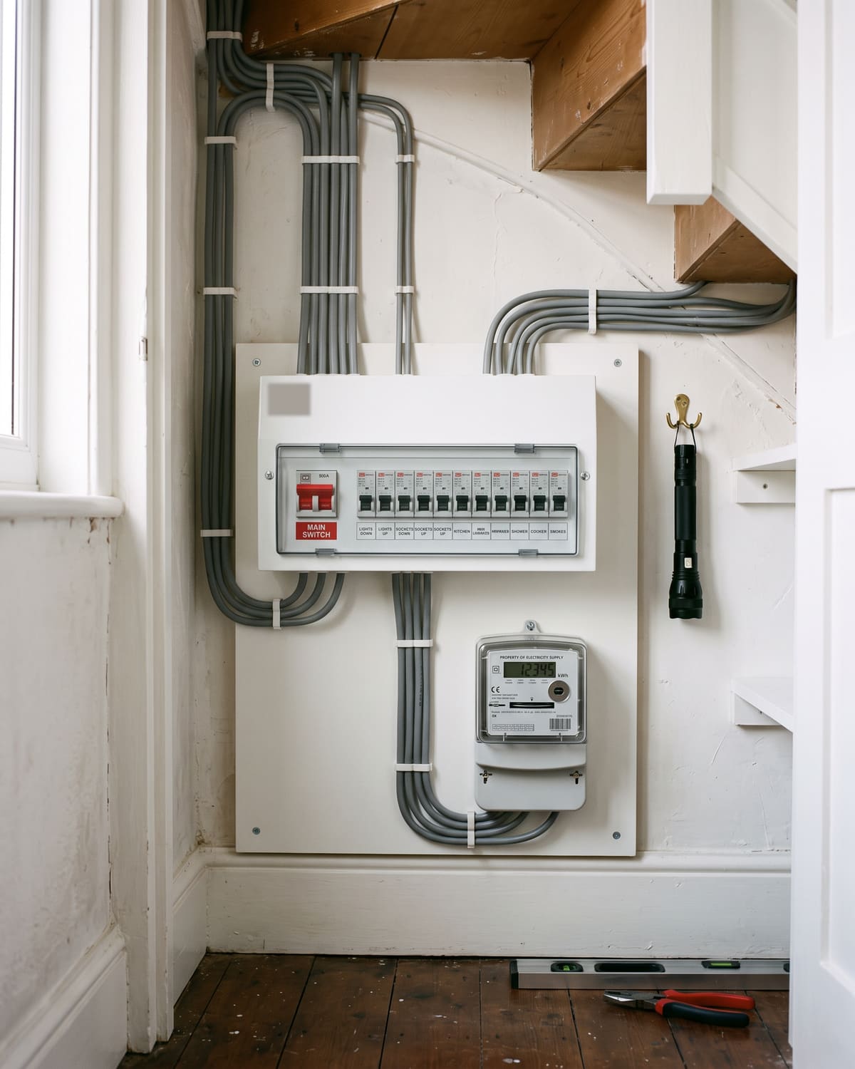 A newly installed consumer unit in a Victorian understairs cupboard, mounted on a painted board above the meter with cables dressed in straight runs