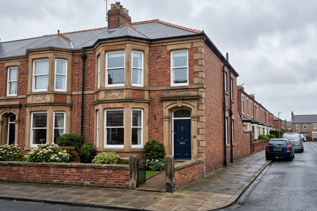 A large Victorian end-of-terrace house in Sunderland with a two-storey bay window, sandstone lintels and a dark front door