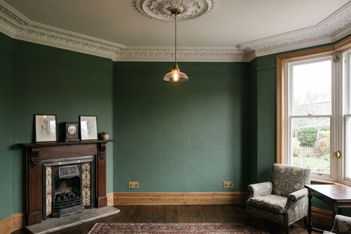 A restored Victorian sitting room with deep green walls, an ornate cornice and ceiling rose, a period fireplace and new brass sockets above the skirting