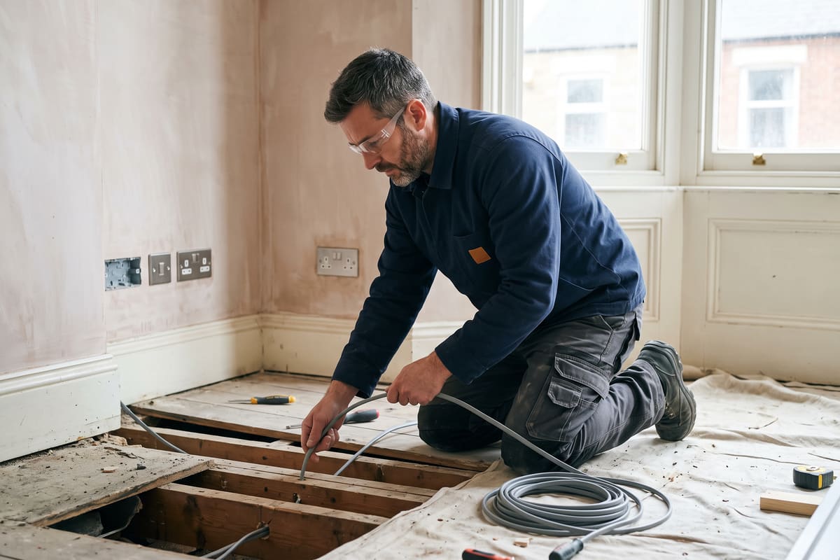 An electrician in safety glasses kneels on lifted floorboards threading a grey cable through drilled joists, the floor protected by dust sheets
