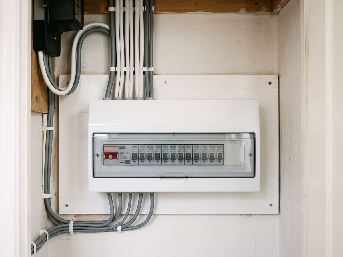 The new metal consumer unit fitted on a fresh board in the same cupboard, with new grey meter tails and clean paintwork