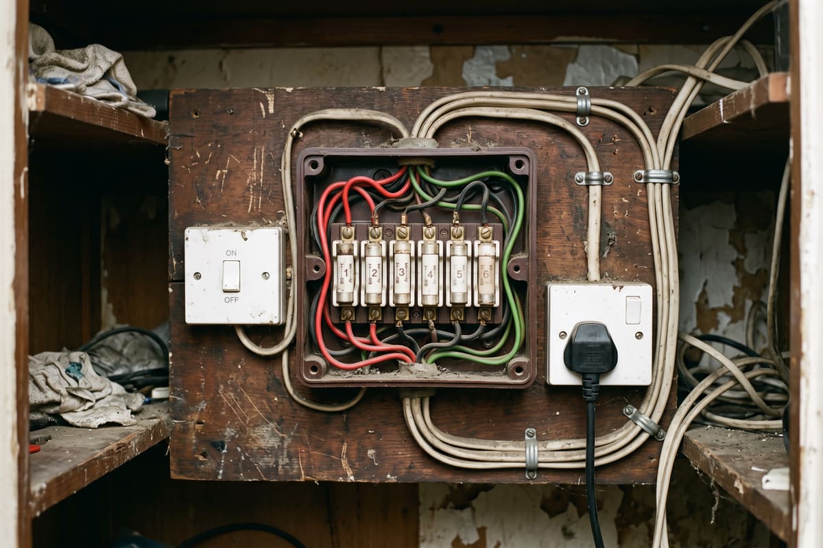 The old brown fuse box with rewireable fuse carriers on a scuffed wooden board, photographed before replacement