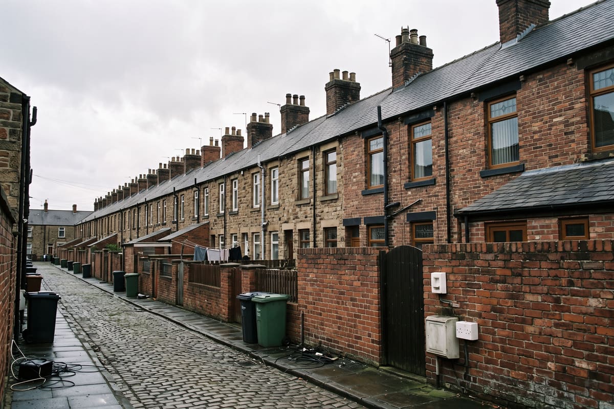 A long row of stone and brick colliery terraced houses in a County Durham village under an overcast sky
