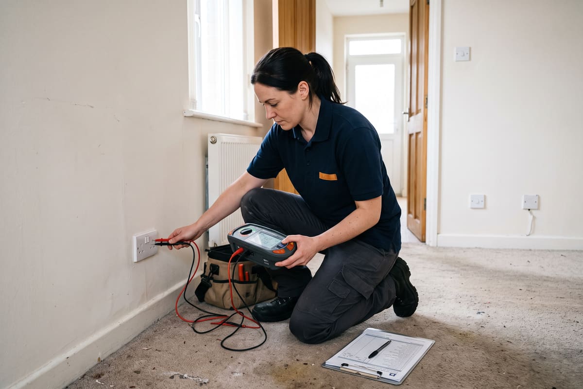 An electrician kneels by a socket in an empty rented terraced house, testing with a multifunction tester, with the test schedule on a clipboard