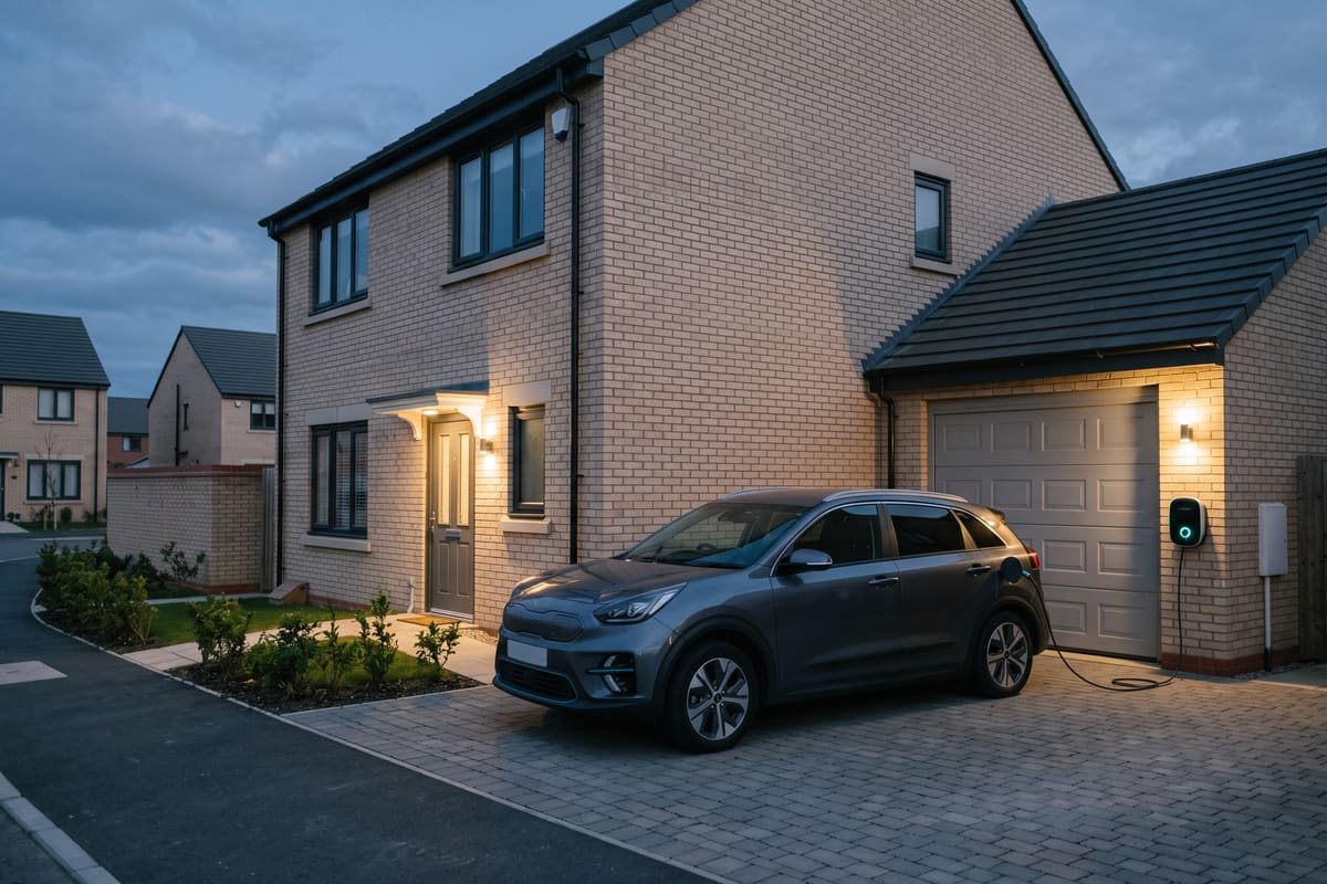 A modern detached house at dusk with a wall-mounted EV charger beside the garage and a grey electric car charging on the block-paved drive
