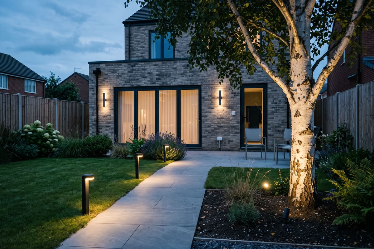 A modern rear garden at blue hour with low bollard lights along a path, uplights on a birch tree and wall lights beside the glazed doors