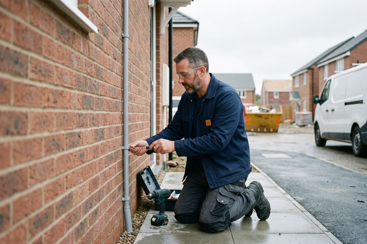 An electrician in safety glasses fixes grey external conduit in a straight line along a brick wall, a cordless drill beside him