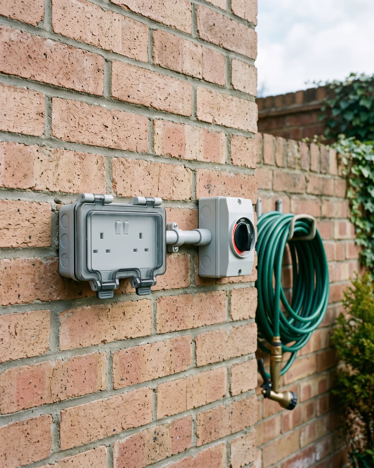 A weatherproof outdoor double socket and a separate rotary isolator on a light brick wall, joined by a straight run of grey conduit