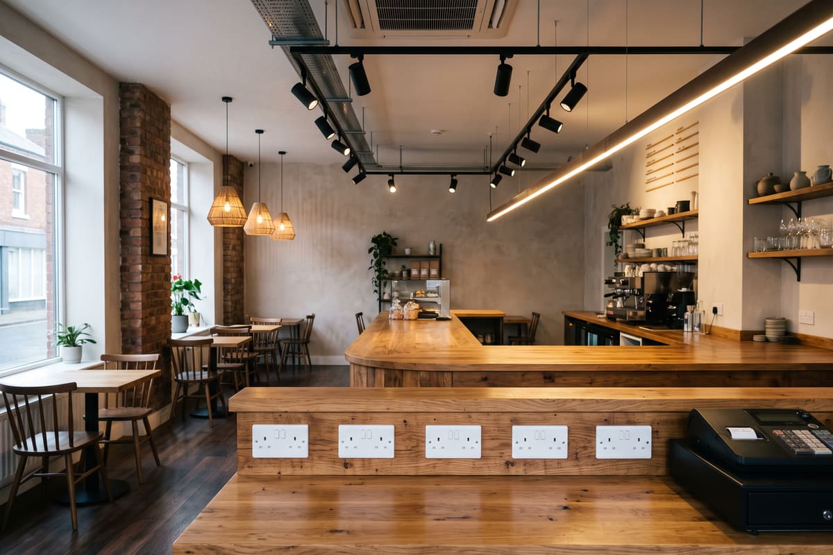 An empty café interior before opening, lit by black track spotlights, linear LED lighting and pendants over a timber counter