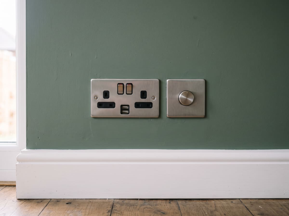 A brushed steel double socket with USB ports and a matching dimmer switch on a freshly painted sage green wall