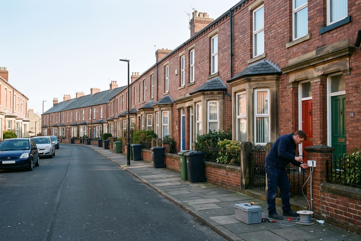 A Victorian terraced street in Sunderland with red-brick bay-windowed houses and slate roofs in early morning light