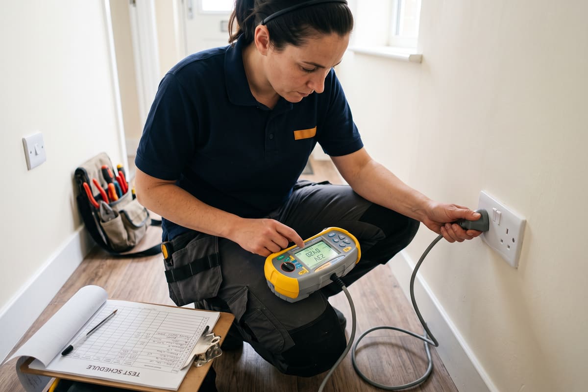 An electrician kneels to test a double socket with a multifunction tester and plug-in lead, a test schedule on a clipboard beside her